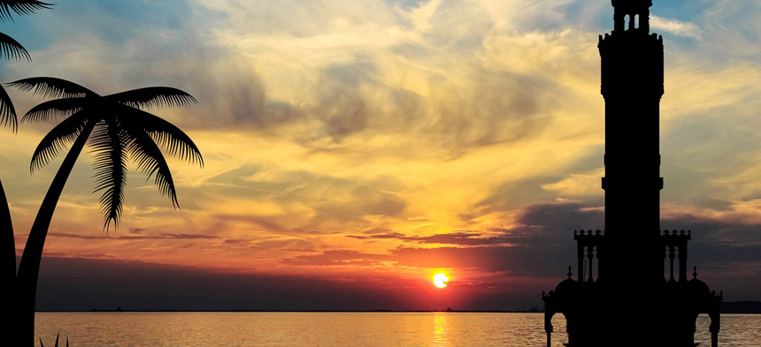 Ein Sonnenuntergang am Meer mit Palmen.